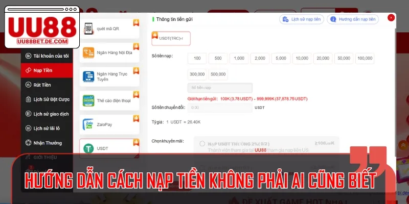 Nạp Tiền UU88 Chỉ Trong 1 Phút Với Các Phương Thức Đa Dạng 4 Trình tự các bước nạp tiền vào tài khoản cược đơn giản, dễ thực hiện